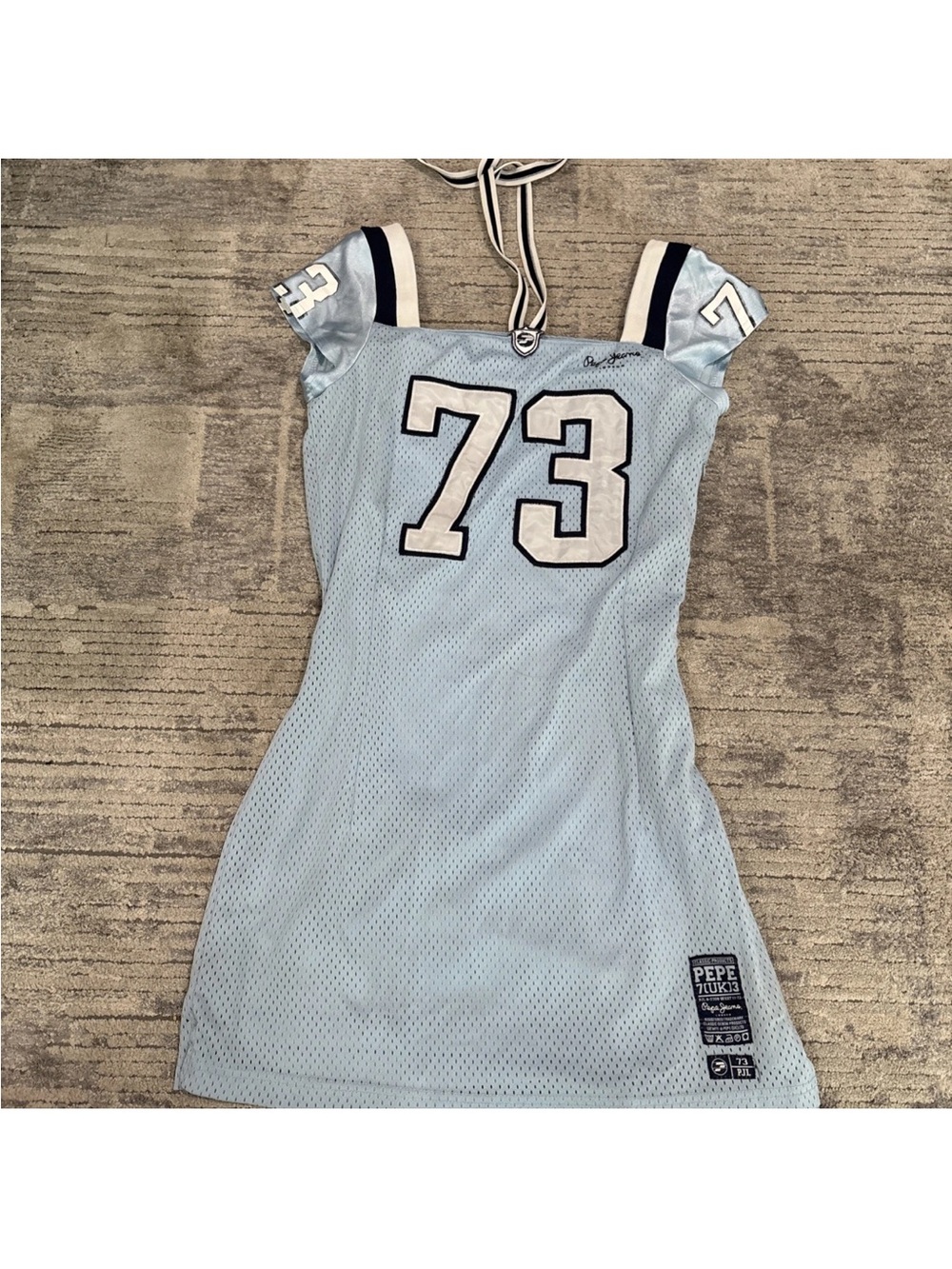 Vintage Pepe Jeans Light Blue Mesh Halter Jersey Dress with 73 Patch